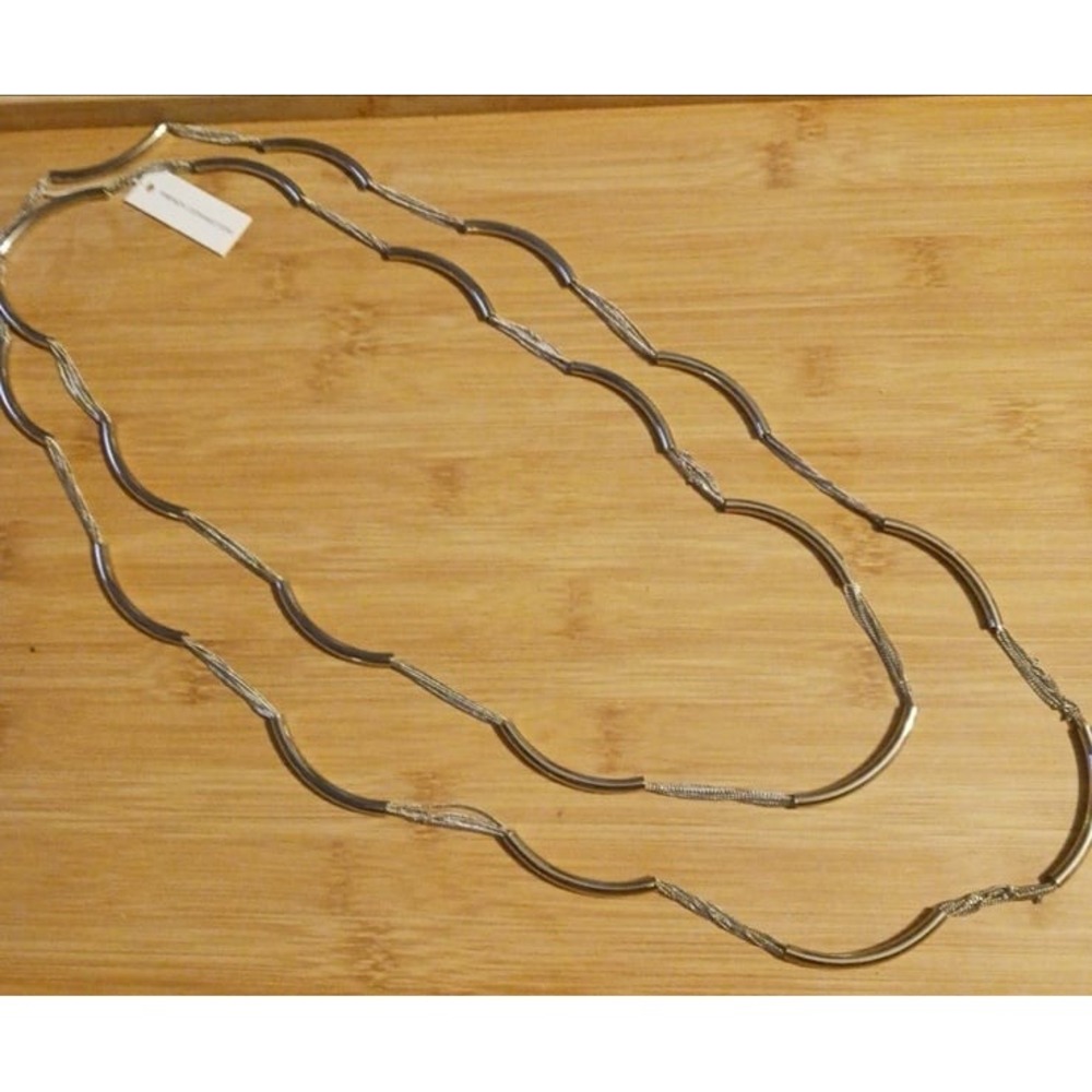 NEW French Connection Silver‎ Curved Bar Extra Long Double Layered Necklace